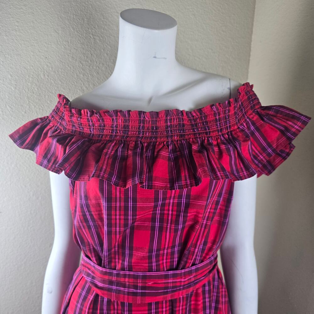 Draper James Kimberly Off-Shoulder Tie-Waist Smocked Neck Dress in Angie Plaid - Picture 4 of 9